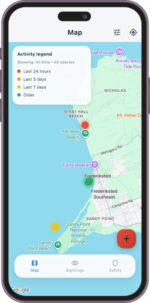 Mobile app map showing recent activity markers along a coastline, with color-coded indicators for sightings by time and a legend explaining recency levels.