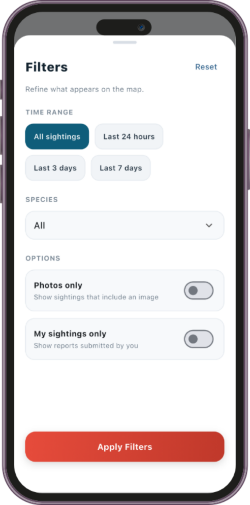 Mobile app filter panel allowing users to refine sightings by time range, species, and options such as photos only or personal sightings.
