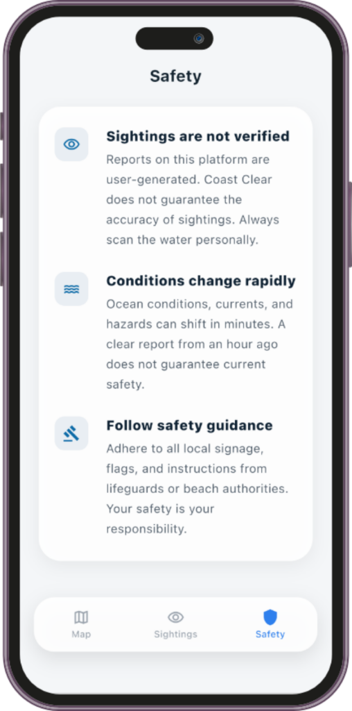 Mobile app safety screen displaying guidance about unverified sightings, changing ocean conditions, and following local safety instructions.
