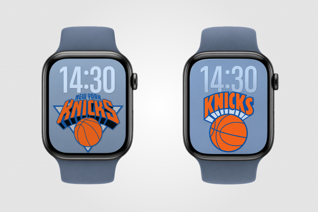 Two Apple Watches displaying custom New York Knicks wallpapers with retro and classic Knicks logo designs.