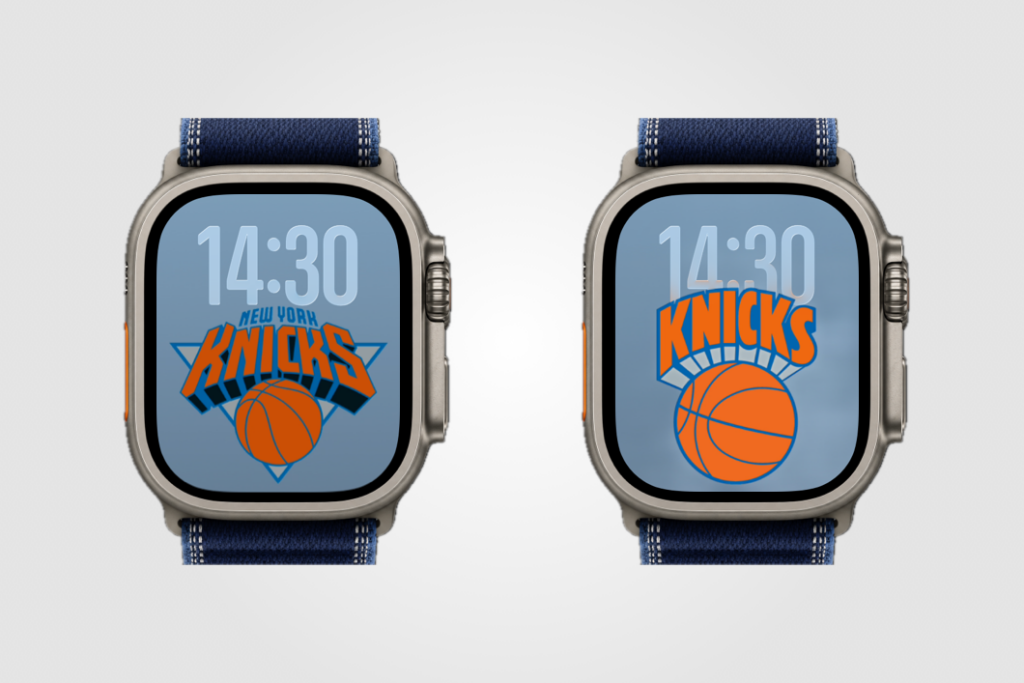 Two Apple Watch Ultra devices displaying custom New York Knicks wallpapers with retro and classic Knicks logo designs.