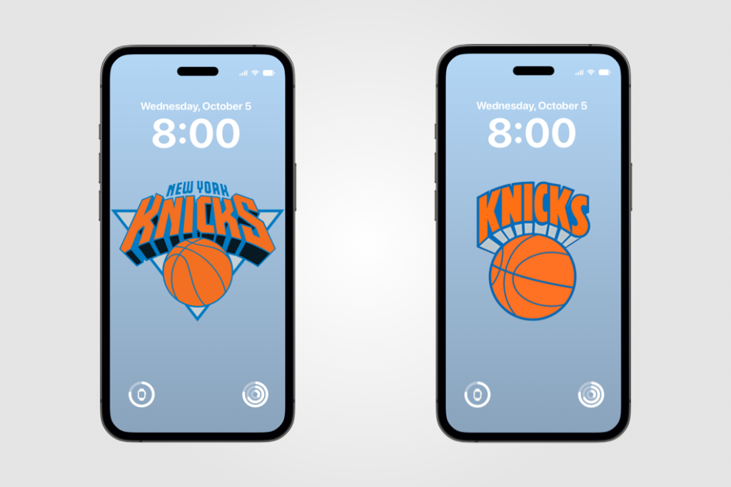 Two iPhones displaying custom New York Knicks lock screen wallpapers featuring retro and classic Knicks logo designs.
