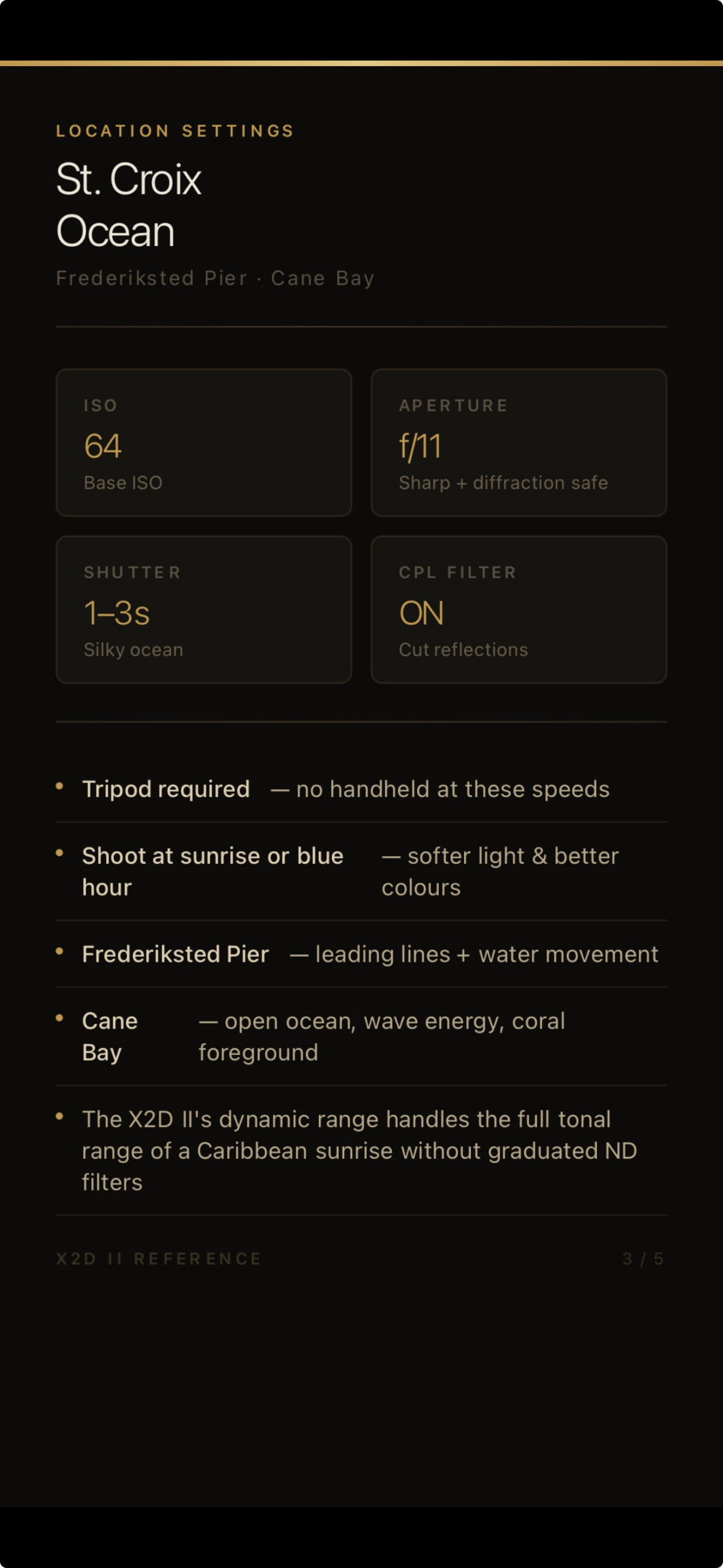 Dark-themed Hasselblad X2D II photography reference card showing recommended long exposure settings for ocean photography in St. Croix.