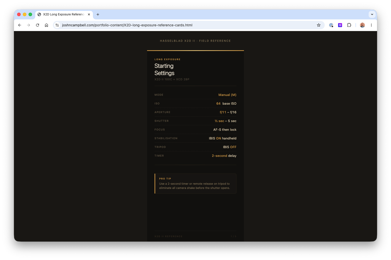 Dark-themed Hasselblad X2D II long exposure field reference webpage displaying recommended camera settings for ocean and landscape photography.