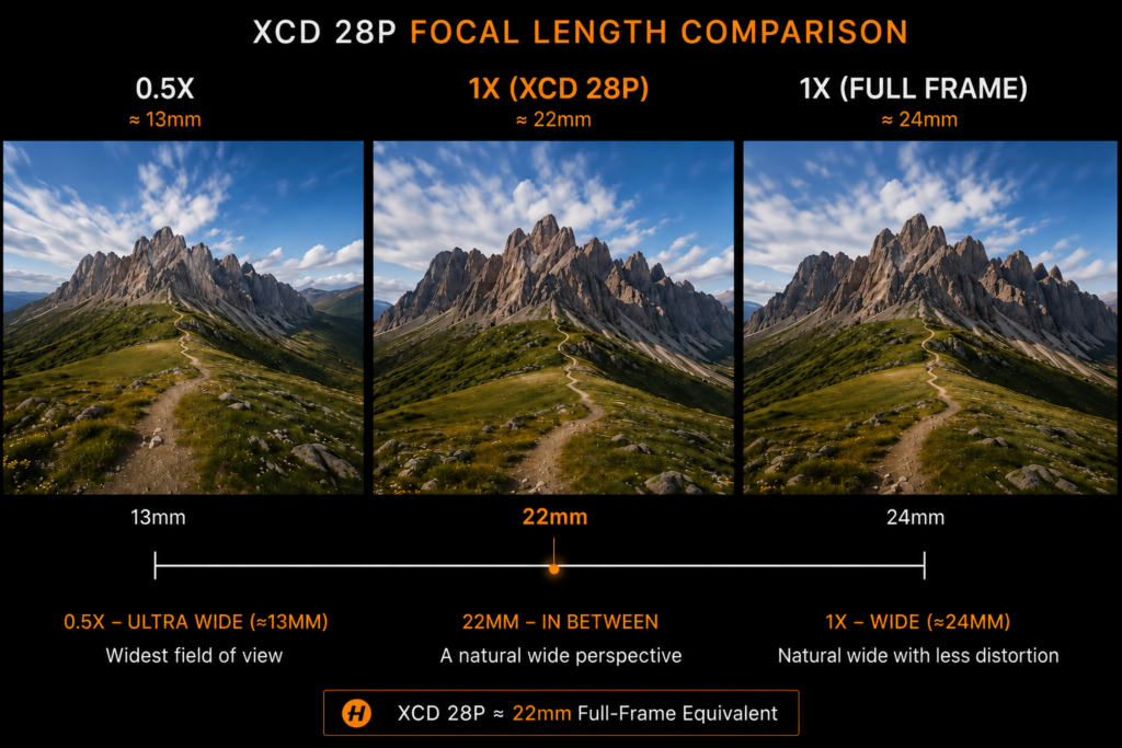 Infographic comparing focal lengths and field of view between 13mm ultra-wide, the Hasselblad XCD 28P at approximately 22mm equivalent, and a standard 24mm wide-angle perspective.