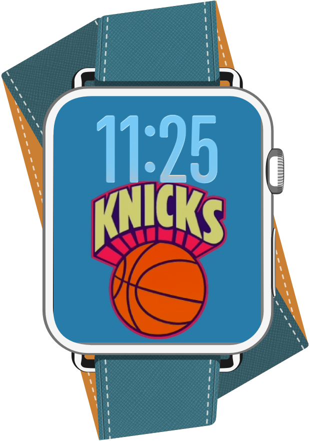 Apple Watch displaying a custom New York Knicks wallpaper featuring a vintage Knicks logo and basketball on a blue background.