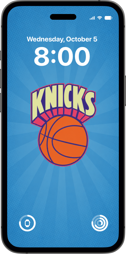 iPhone lock screen displaying a custom New York Knicks wallpaper featuring a vintage Knicks logo on a blue sunburst background.