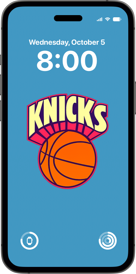iPhone lock screen displaying a custom New York Knicks wallpaper featuring a vintage Knicks logo and basketball on a blue background.
