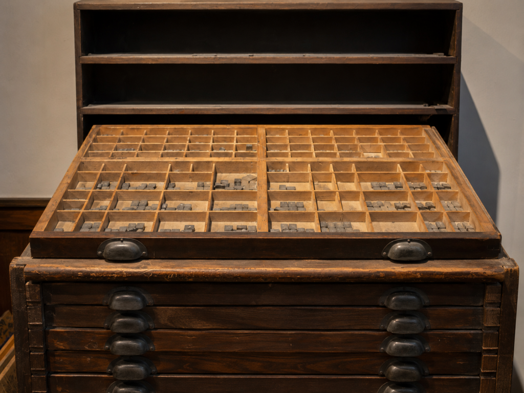 An antique wooden letter case cabinet used in a traditional print shop, with one large drawer pulled open to reveal dozens of compartments for organizing individual metal type pieces used in hand-set letterpress printing.