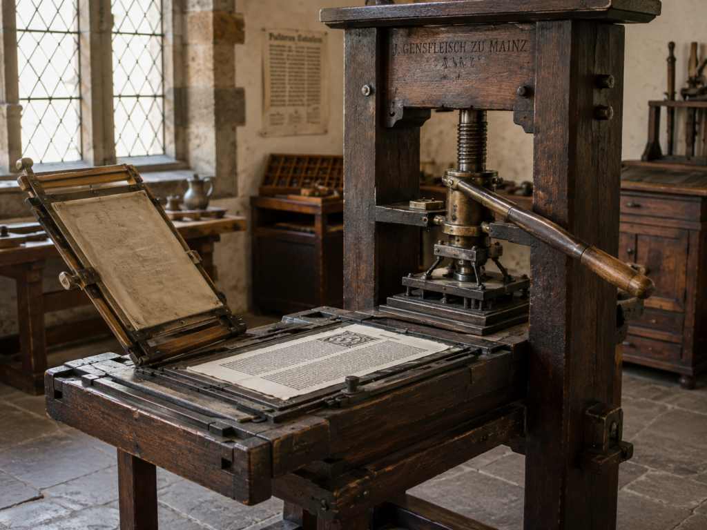 A detailed wooden Gutenberg-style printing press displayed in a historic workshop, with an inked printing forme holding a freshly set page of movable type. Warm natural light filters through leaded windows, highlighting the craftsmanship and engineering that revolutionized book printing in the fifteenth century.