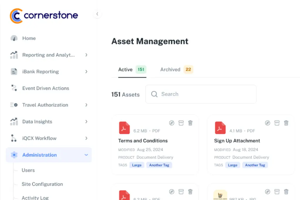 Cornerstone Asset Management screen with active and archived tabs, search, and document cards with tags and management controls.