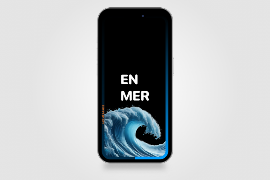 Hermès En Mer-inspired iPhone wallpaper with white lettering and a blue breaking wave on a black background.