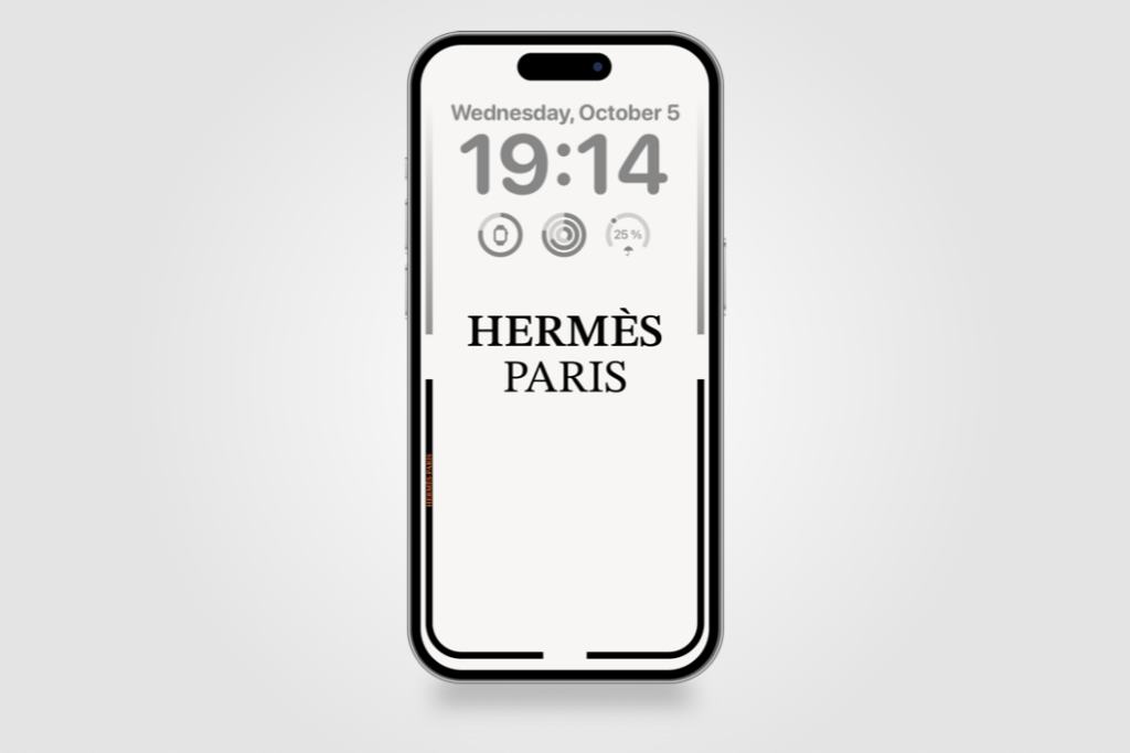 Hermès Grand H-inspired iPhone lock screen with black Hermès Paris lettering and a geometric border on white.