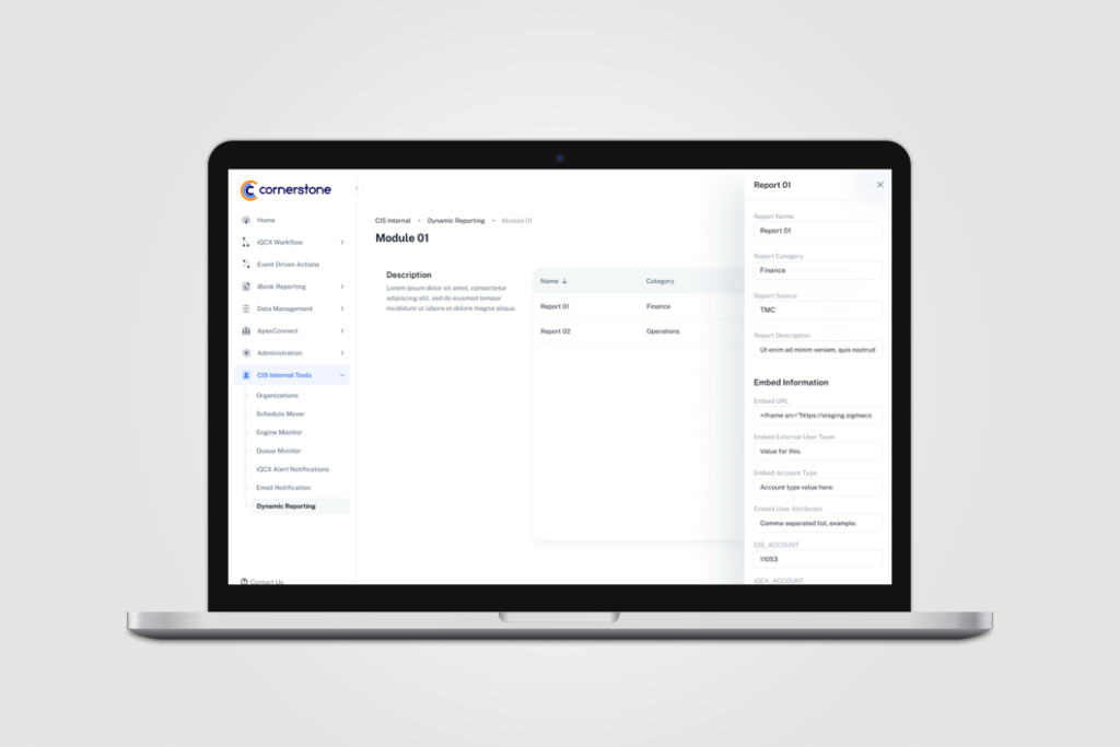 Dynamic Reporting configuration on a laptop, showing a report list and an open panel for report and embed settings.