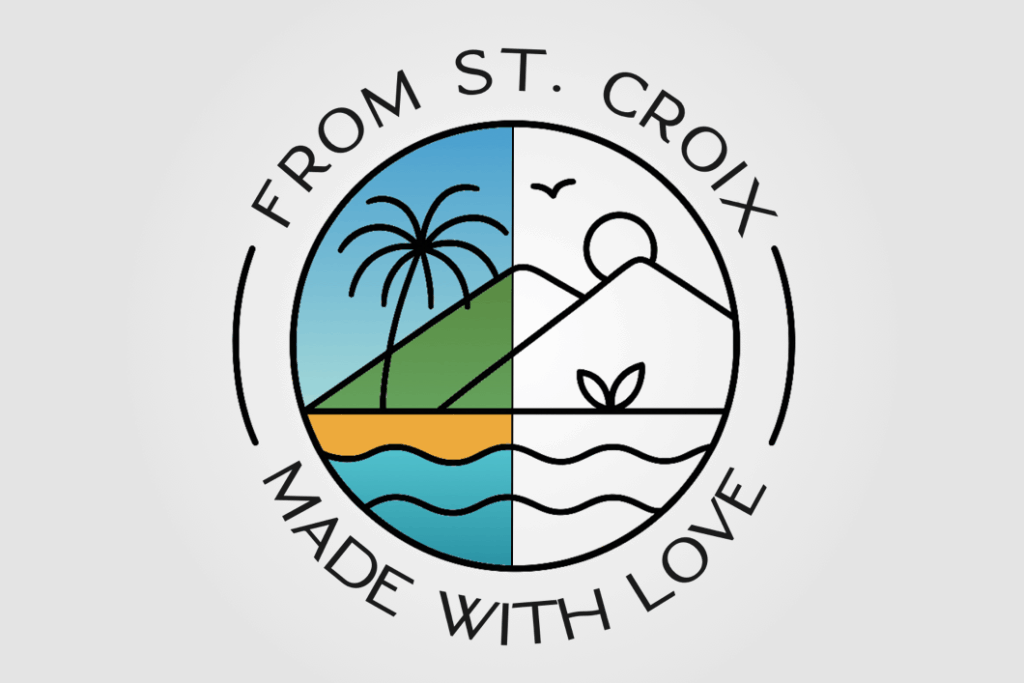 St. Croix soap-company logo comparing color and outline treatments of an island landscape, encircled by From St. Croix, Made With Love.