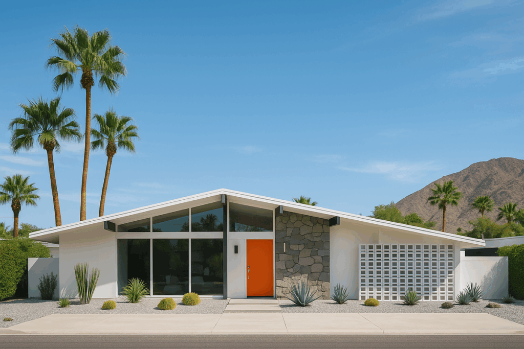 A classic midcentury modern home in Palm Springs with clean white exterior walls, large floor-to-ceiling windows, an orange front door, and a stone accent wall. The home features a low-pitched roof and is surrounded by desert landscaping with cacti, agave, and gravel. Tall palm trees tower in the background against a clear blue sky, with a rugged mountain in the distance.