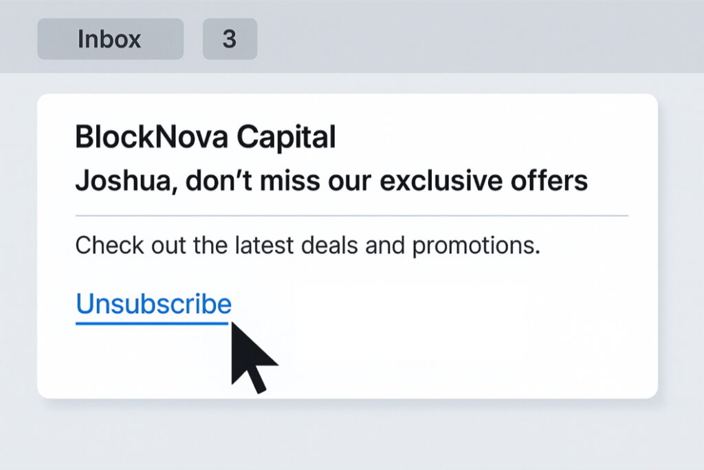 A stylized image of an email from a company named “BlockNova Capital” displayed in an inbox interface. The subject line reads, “Joshua, don’t miss our exclusive offers,” followed by a brief message promoting deals and promotions. At the bottom, there is a prominent blue “Unsubscribe” link with a large black cursor hovering over it. The word “CLICK” appears in bold black text to the right of the link, emphasizing interaction. The design visually warns viewers about the potential risks of clicking unsubscribe links in emails.