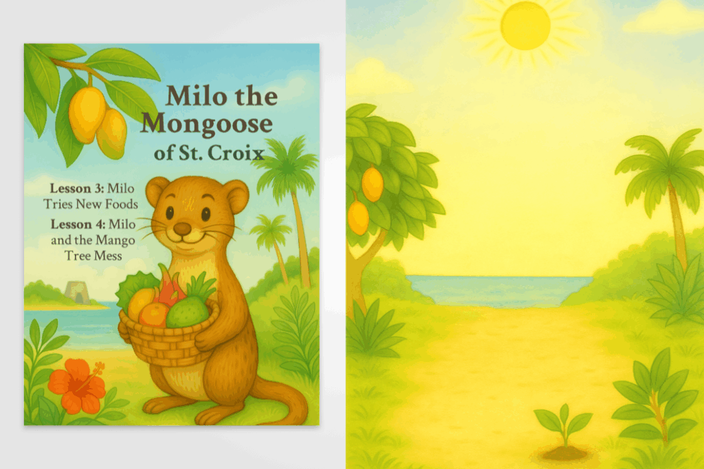 Side-by-side image featuring the cover of Milo the Mongoose of St. Croix on the left and a tropical beach scene with a sprouting plant under the sun on the right.