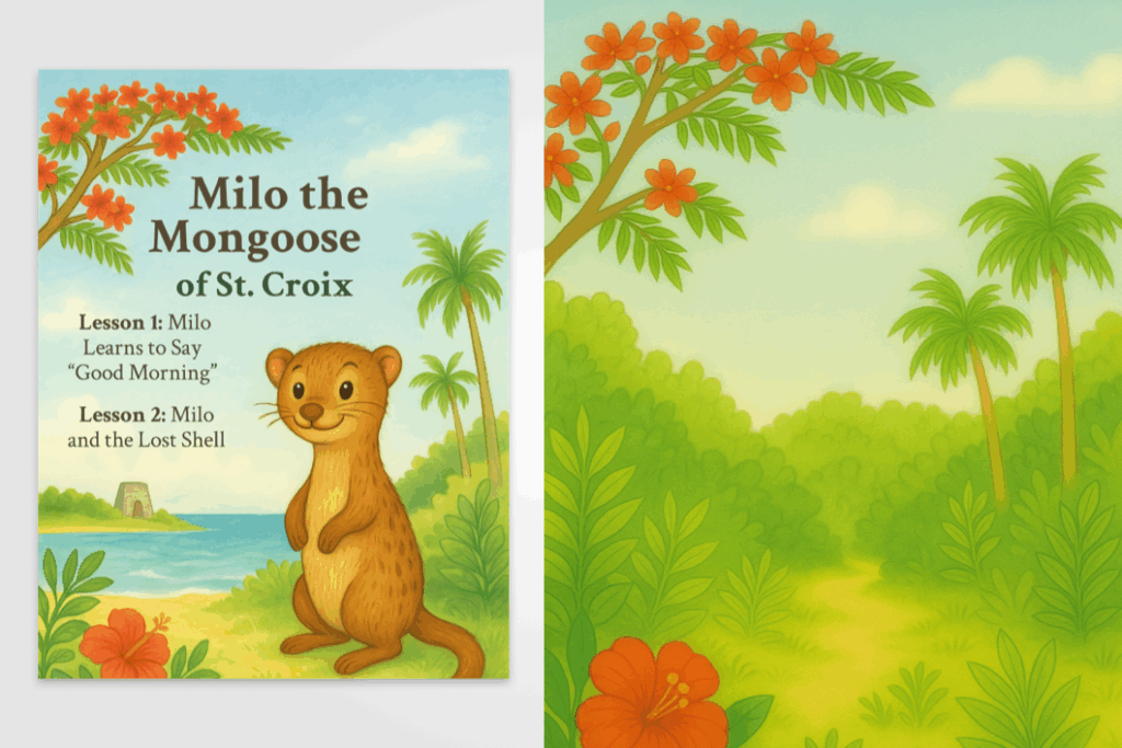 A warm, traditional children’s-book style scene of Milo the Mongoose standing on a sandy shore with gentle Caribbean waves behind him. Flanking Milo are lush green bushes and a bright red hibiscus in bloom; tall palm trees sway overhead, and a distant stone fort peeks above the shoreline. The sky is a soft blue with a few fluffy clouds, evoking a friendly, sunlit morning on St. Croix.