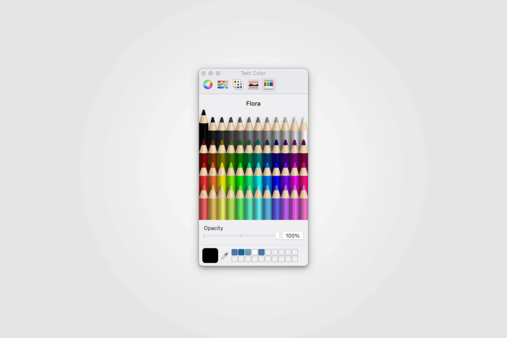 A macOS “Flora” color picker window displaying rows of colorful crayon-like pencil swatches arranged by hue, with an opacity slider and saved color swatches at the bottom.