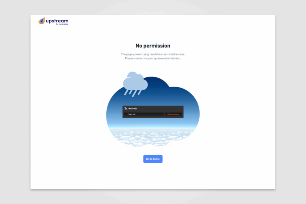 Upstream by Cornerstone error page with message ‘No permission.’ The illustration shows a dark cloud with rain above white clouds in the sky. Inside the cloud is a flight arrivals display showing ‘Flight 403 – No Permission.’ A button below reads ‘Go to home.’