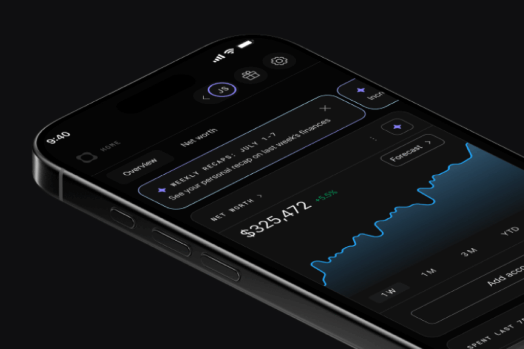 Close-up of a smartphone displaying the Origin Financial app in dark mode. The screen shows a net worth dashboard with a graph trending upward, a forecast option, and a highlighted weekly recap notification.