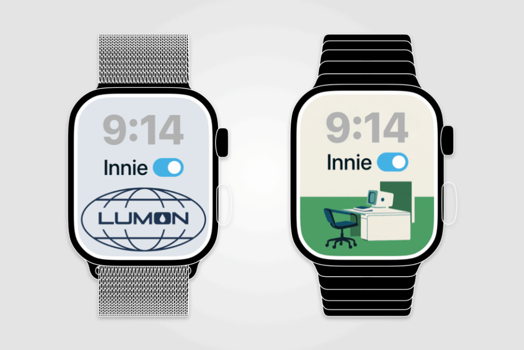 Alt text: Two smartwatches displaying custom watch faces inspired by the TV series Severance. The left watch has a silver mesh band and shows a gray screen with the time “9:14,” a blue toggle labeled “Innie,” and the Lumon Industries globe logo beneath it. The right watch has a black link-style band and a minimalist green-and-beige office illustration featuring a desk, chair, and computer, along with the same “9:14” time and “Innie” toggle.