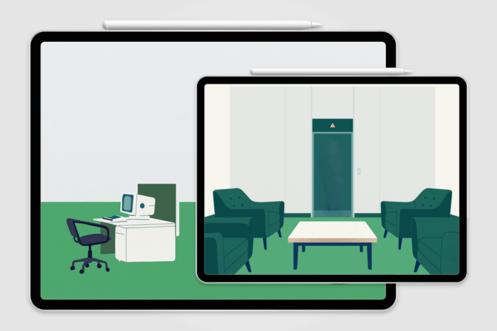 Two digital tablets with styluses rest on a light gray background, each displaying minimalist illustrations inspired by Severance. The tablet in the back shows a clean green-and-white office scene with a desk, chair, and old-style computer. The tablet in front displays a minimalist lobby with four green armchairs and an elevator at the center, framed by white walls and green flooring. Both images share the same flat, geometric Lumon-inspired art style.