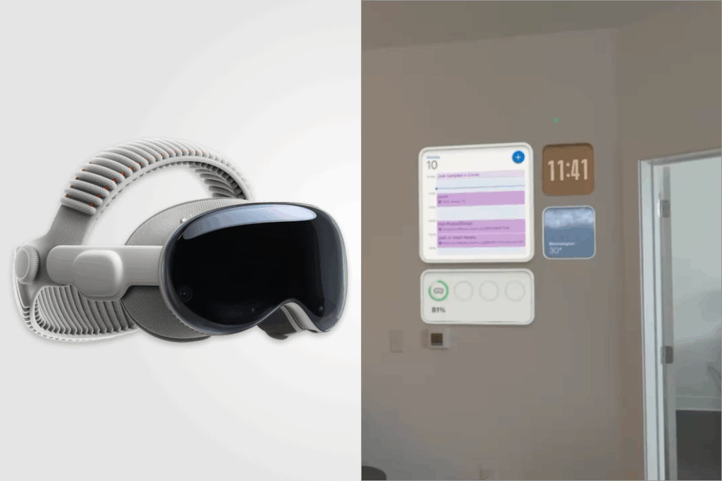 Side-by-side composite image showing the Apple Vision Pro headset on the left against a light gray background, and a real-world view through the headset on the right, displaying floating spatial widgets including a calendar, clock, weather, and battery indicator overlayed on a room interior.