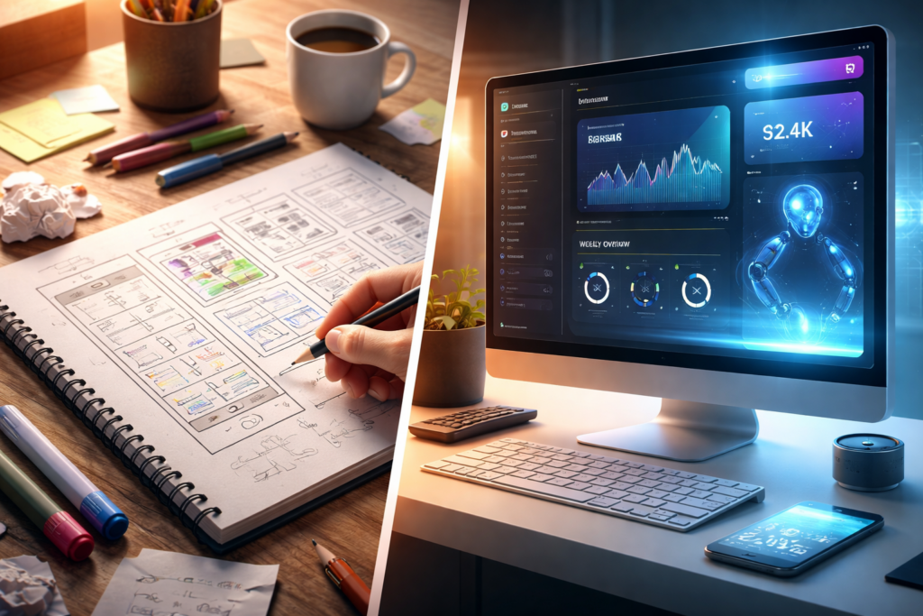 Designer sketching interface wireframes in a notebook beside a computer displaying an AI-generated dashboard, illustrating the contrast between human creativity and AI-driven design.