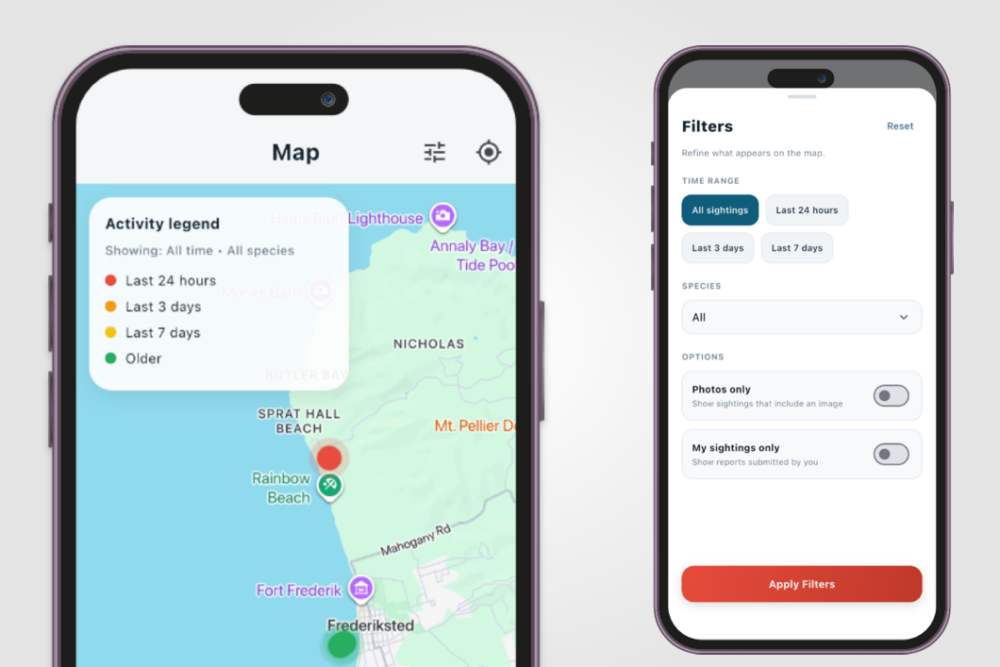 Two mobile app screens showing a map with color-coded sighting markers and a filter panel for refining sightings by time, species, and options.