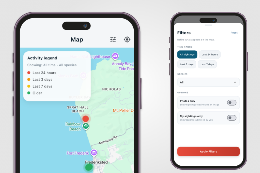Two mobile app screens showing a map with color-coded sighting markers and a filter panel for refining sightings by time, species, and options.