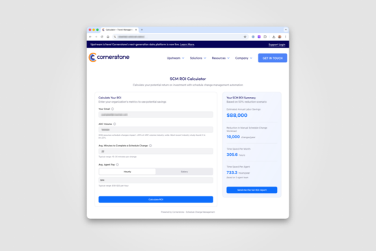 Web-based ROI calculator displaying input fields alongside calculated results, including estimated savings, workload reduction, and time saved metrics.