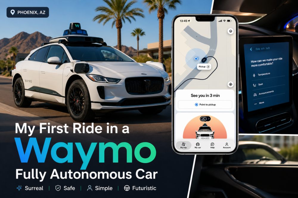Editorial-style feature image showing a Waymo autonomous vehicle, the Waymo app interface, and in-car passenger controls during a self-driving ride experience in Phoenix, Arizona.