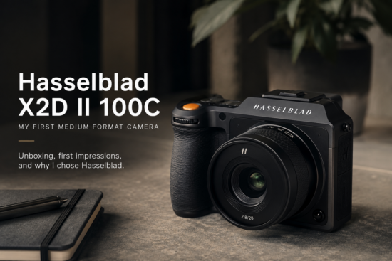 Hasselblad X2D II 100C medium format camera with XCD 28P lens on a table beside a notebook, with text reading “My First Medium Format Camera.”