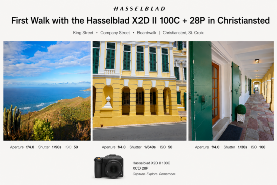 Editorial-style collage featuring sample photographs taken with the Hasselblad X2D II 100C and XCD 28P lens in Christiansted, St. Croix.