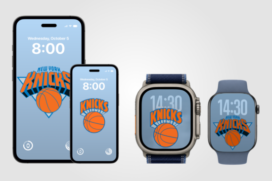 Custom New York Knicks wallpapers displayed on iPhone, Apple Watch Ultra, and Apple Watch devices featuring retro and classic Knicks logos.