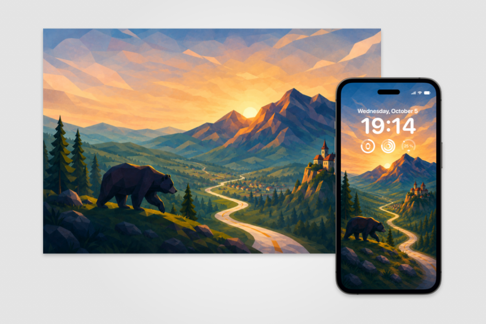 Romania-inspired digital landscape artwork displayed beside a smartphone mockup showing the matching mobile wallpaper version.