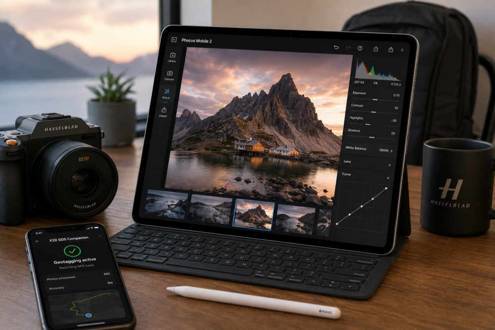 Hasselblad camera, iPad Pro, and iPhone arranged on a desk showing a mobile-first photography editing workflow using Phocus Mobile 2 and geotagging tools.