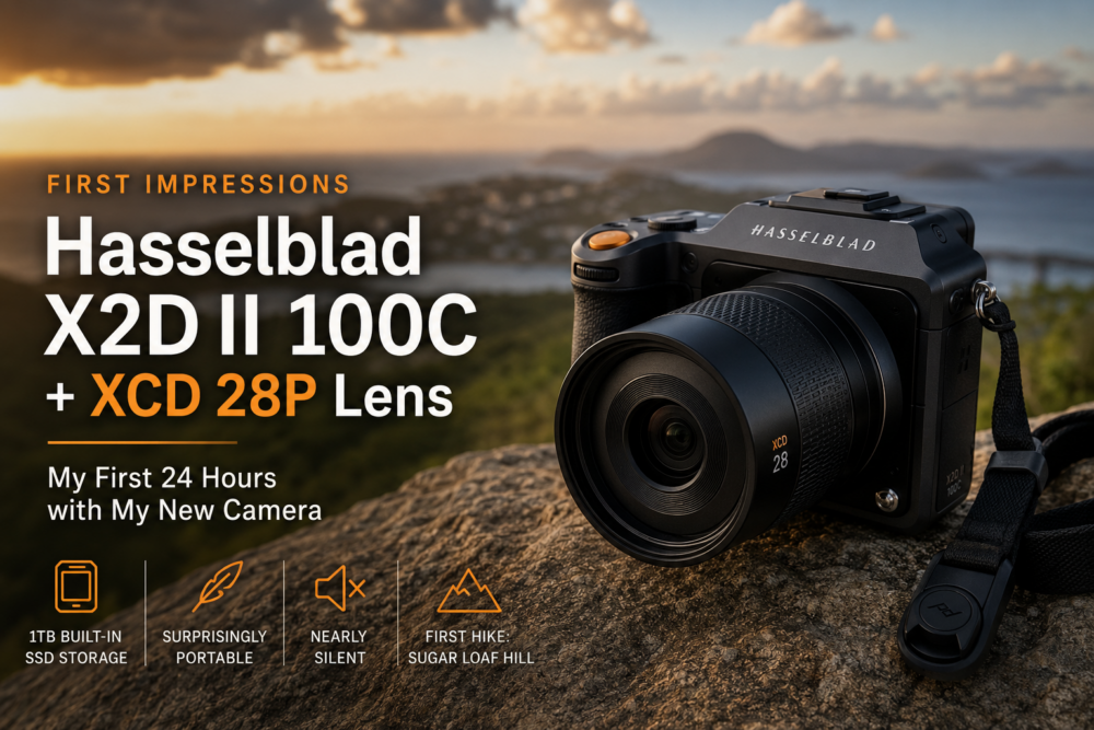 Hasselblad X2D II 100C camera with the XCD 28P lens resting on a rocky overlook during golden hour with text highlighting first impressions and key features.