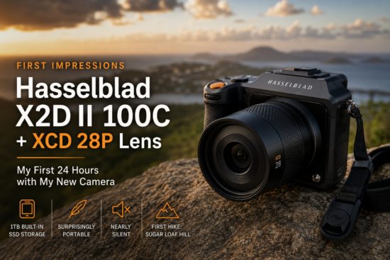 Hasselblad X2D II 100C camera with the XCD 28P lens resting on a rocky overlook during golden hour with text highlighting first impressions and key features.