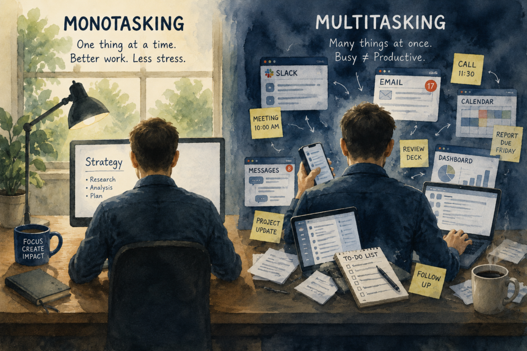 Watercolor-style illustration comparing monotasking and multitasking, showing a calm, focused workspace on one side and a cluttered, distraction-filled workspace on the other.
