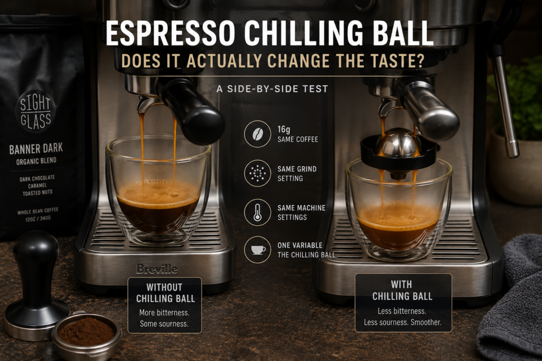 Espresso being extracted through a stainless steel chilling ball into a glass cup beside coffee beans and a Breville Barista Express espresso machine.
