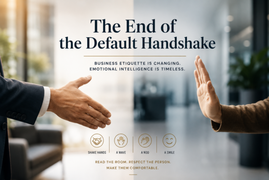 Editorial illustration showing one person extending a handshake while the other responds with an open-handed gesture in a modern office, symbolizing the changing norms of professional greetings and business etiquette.