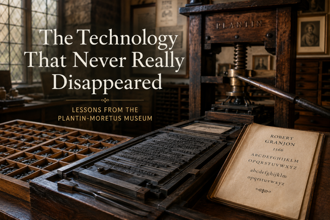 A historic wooden printing press dominates a traditional print shop, surrounded by drawers of movable metal type, a composing frame, and an open specimen book displaying Renaissance-style type. Warm natural light streams through leaded glass windows, highlighting the craftsmanship behind early printing and typography.