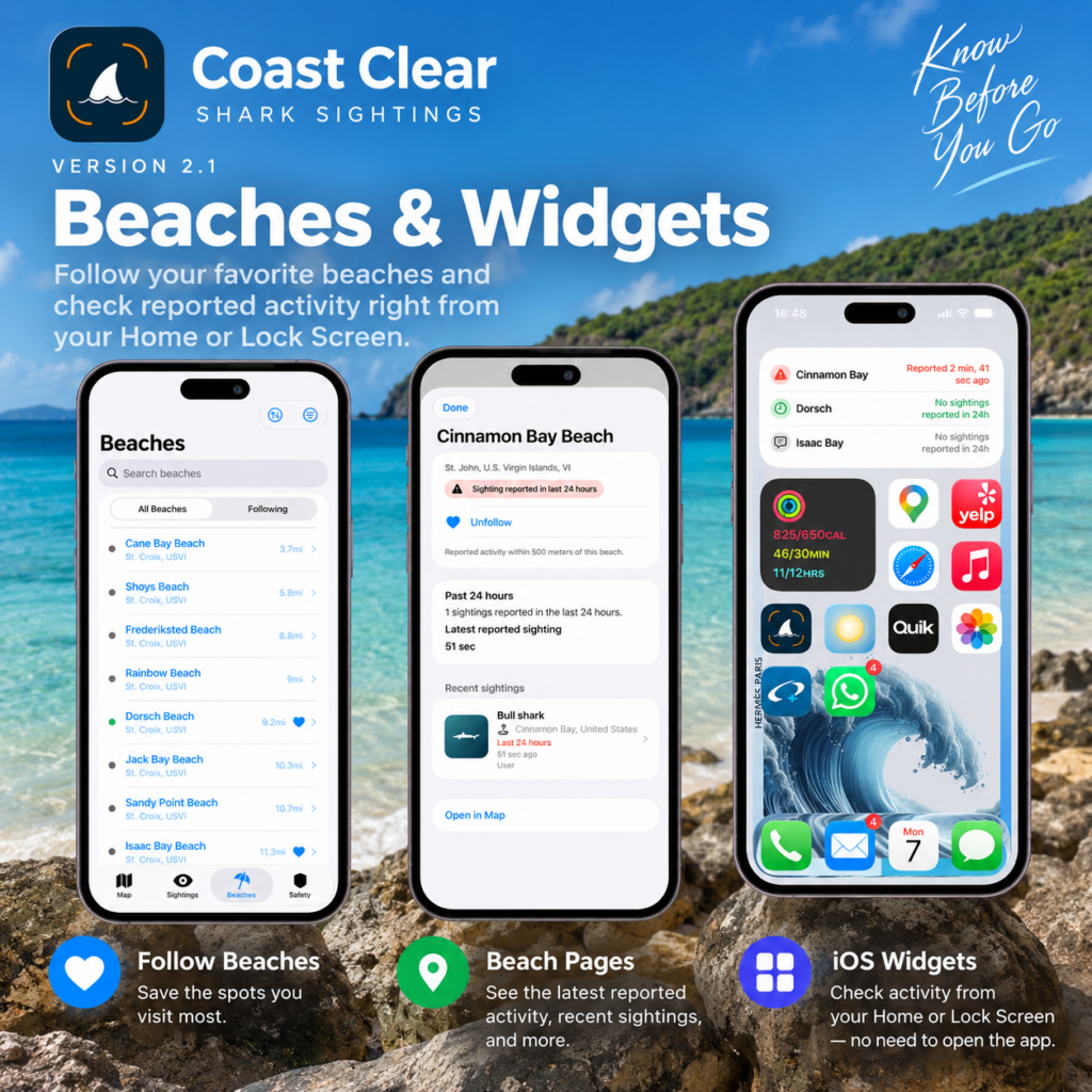 Promotional graphic for Coast Clear 2.1, Beaches & Widgets, showing three iPhones against a tropical beach. Screens demonstrate the Beaches list with followed beaches, a Cinnamon Bay Beach page with recent reported shark activity, and an iOS Home Screen widget showing recent activity at followed beaches. Text highlights Follow Beaches, Beach Pages, and iOS Widgets.