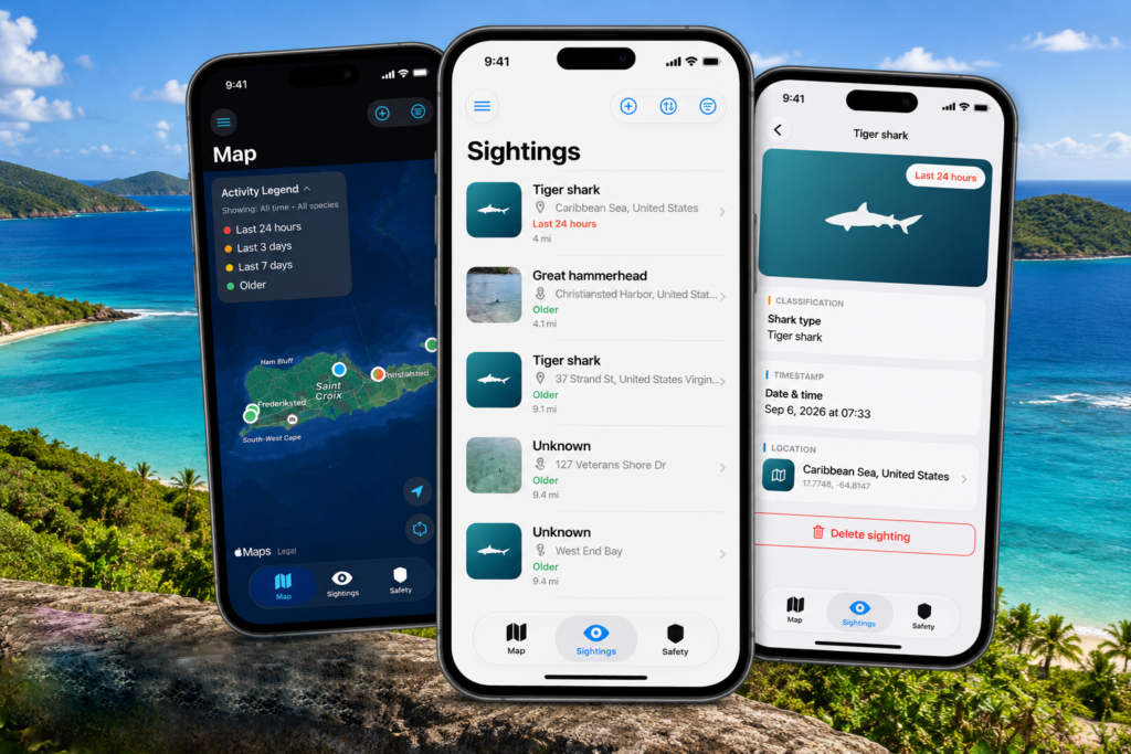 Coast Clear 2.0 shown on three iPhones over a tropical coastline, featuring the St. Croix shark sighting map in Dark Mode, the sightings list, and detailed information for a recent tiger shark sighting.