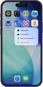 iPhone Home Screen showing Nine Bar quick actions to Add a Bean or Log a Brew by long-pressing the app icon.