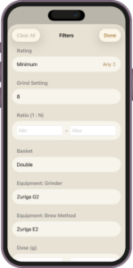 Nine Bar Brews filter screen with options to filter brew history by rating, grind setting, ratio, basket, grinder, brew method, and dose.