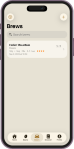 Nine Bar Brews screen showing a search bar and a logged Holler Mountain Doppio brew with a 1:2 ratio, brew details, and four-star rating.